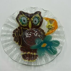 Sydenstricker Fused Glass Ruffled Serving Bowl. Owl, Moon & Flower 6 1/2in